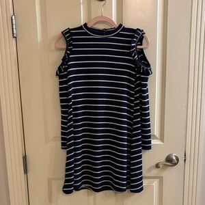 Navy Striped Cold Shoulder Kids Casual Dress